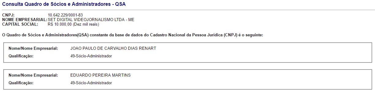 Quadro societário Set Digital